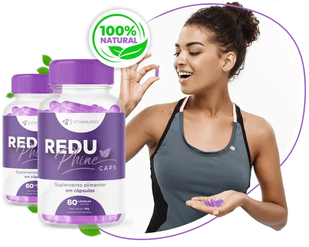 Frasco do Reduphine Caps com modelo fitness segurando cápsulas