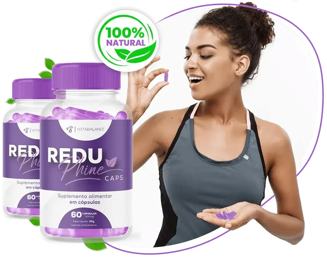 Frasco do Reduphine Caps com modelo fitness segurando cápsulas